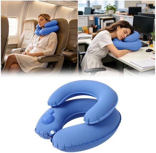 Double-Layer Inflatable Neck Pillow, Press-to-Inflate U-Shaped Pillow, Portable Neck Support for Office Trip Travel, Blue - Image 5