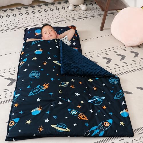 david's kids Minky Toddler Nap Mat with Removable Pillow and Minky Fleece Blanket, 55"x23",Soft Slumber Bags for Boys, Perfect for Preschool, Daycare, Kids Sleeping Bags with Rollup Design, Space - Image 2
