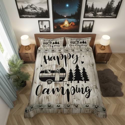 Castle Fairy Camper Bedding Set Full Size,Happy Camping Farmhouse Wooden Kids Duvet Cover,RV Comforter Cover Camper Accessories for Travel Trailers Room Decor Quilt Cover,2 Pillowcase,No Comforter by CastleFairy