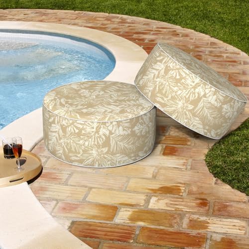 Outdoor Patio Inflatable Ottoman, 21x9 Inch Portable Stool Ottoman with Handle, Round Footrest Stool for Home Garden Camping, Tropical Leaf Oat - Image 5