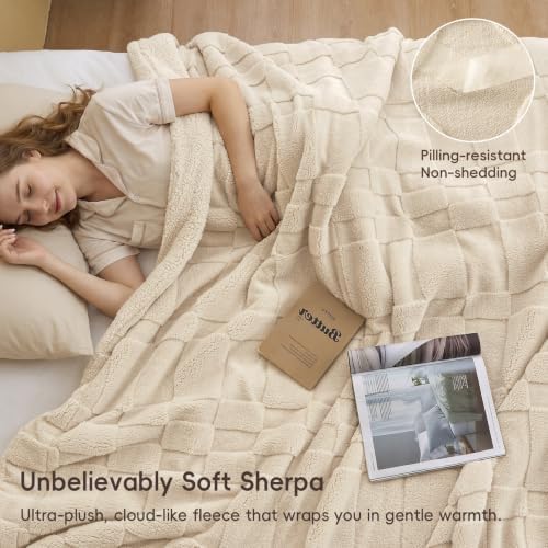 PHF Soft Sherpa Fleece Blanket Queen, Tufted Jacquard, 03-Oat Milk - Image 2