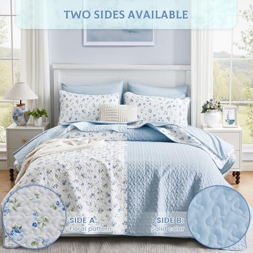 Queen/Full Size Floral Quilt Set Blue Shabby Chic Flower Bedspreads Set - Image 4