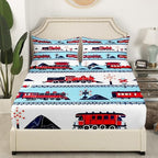 Red White and Blue Train Fitted Sheet Cartoon Train Railroad Tracks Kids Bedding Set Traffic Transportation Track Bed Sheets Cute Retro Vintage Vehicle Sheets Twin 2Pcs, 1 Fitted Sheet 1 Pillowcase - Image 3