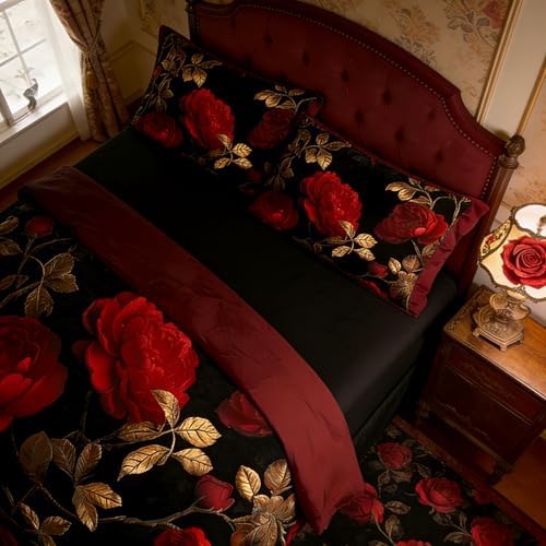 CCoutueChen Vintage Floral Full Size Bed in A Bag for Girls, 7Pcs Burgundy Comforter Set for Gothic Bedroom Decor, Black Floral Quilted Bedding with 2 Pillowcases, 79"x90" - Image 2