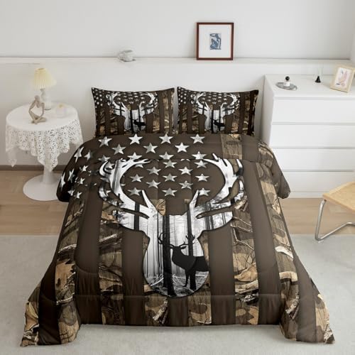 Camo American Flag Twin Comforter Set Boys,Deer Antlers Brown Camouflage Quilt Set Flags for Room Teens,Wild Animal Hunting Rustic Farm Branches Leaves Plant Stars Stripes USA Flag Bedding Set - Image 5