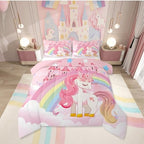 Erosebridal Girls Unicorn Twin Bed Comforter Set Rainbow Princess Pink Unicorn Bedding Set Teens Child Cute Castle Stars Reversible Bed Sets Cartoon Horse Quilt Comforter Fantasy Girls Room Decor by Erosebridal