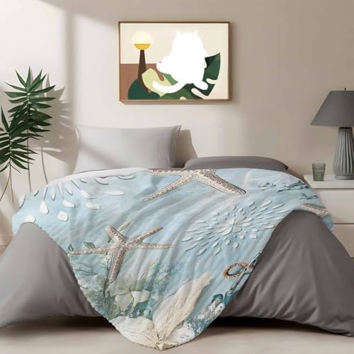 Blue Ocean Throw Blanket, Coastal Starfish Coral Fluffy Soft Blankets for Couch Bed Travel, Flowers Plush Microfiber Striped Flannel Blankets, Underwater Lightweight Sofa Blankets 32"x48" - Image 4