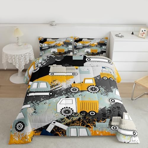 Feelyou Kids Equipment Trucks Comforter Set Construction Comforter Cover Set Boys Cartoon Car Excavator Tractor Bedding Set Construction Vehicles Yellow Grey Duvet Set Room Decor Quilt Set King Size by Feelyou
