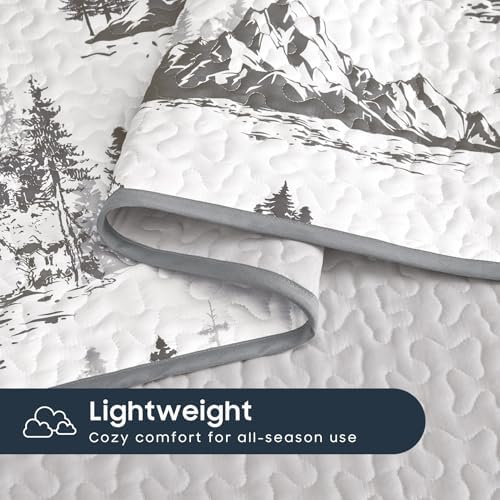 Wake In Cloud - Rustic Quilt Set, Cabin Forest Woodland Camping Theme with Lodge Mountain Print, Reversible Lightweight Bedspread Coverlet, 3 Pieces, Grey White, Queen/Full Size - Image 7