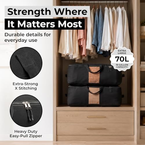 Soft Canvas Storage Bags with Zipper. Thick Breathable, 2pc King/Queen Comforter Organizer. Four Carrying Handles and Window. Large 25x19x9in Bag for Sheets Blankets Bedding Pillows, Clothes (Black) - Image 3