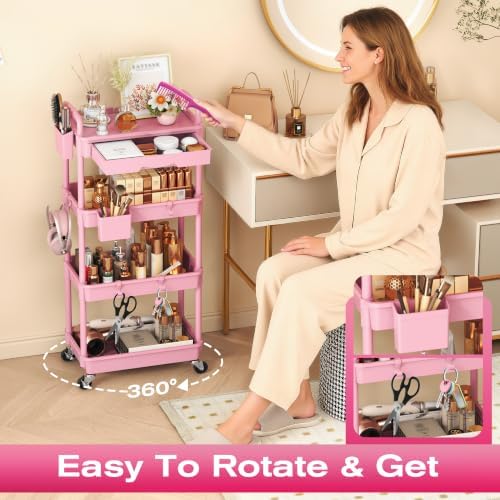 Goovilla Rolling Makeup Organizer Cart with Removable Drawer, 4 Tier Pink - Image 5