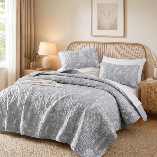 JANZAA Twin Quilt, Grey Quilt Set Floral Bedspread 2 Pieces Bedding Set by JANZAA