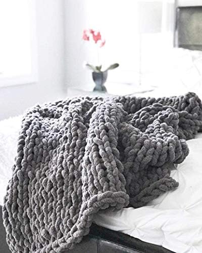 Chunky Knit Throw Blanket Chenille Yarn Soft Cozy Bulky Knitted Blanket for Sofa Bed Chair Large Hand Made Boho Home Decor Slate Grey 40x40 - Image 4