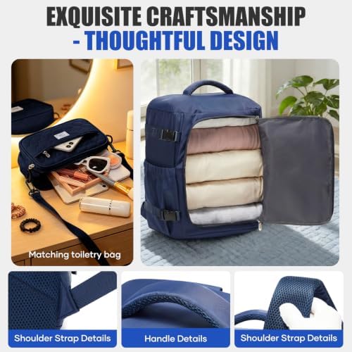 suwasp Travel Backpack with Toiletry Bag Set for Women Men,Ryanair Backpack 40x30x20CM Airline Approved Personal Item Travel Bag, Carry On Backpack Fits 14 Inch Laptop, 180° Opening, Navy Blue - Image 3