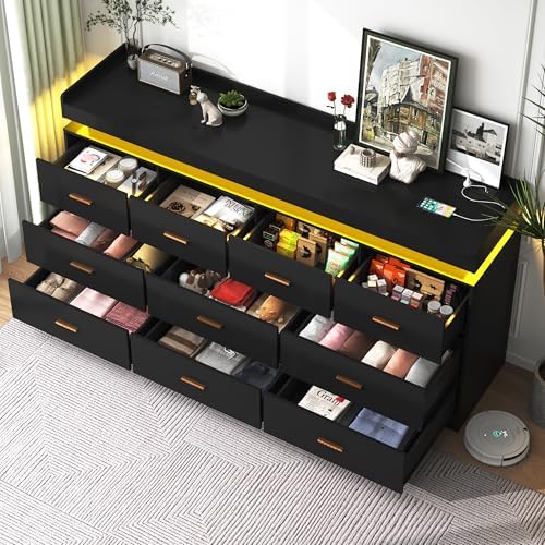 jiteentarou 10 Drawer Dresser with Charging Station and LED Lights, Modern Chest of Drawers with Power Outlet, Organizer Cabinet for, Living Room, Entryway, Black - Image 3