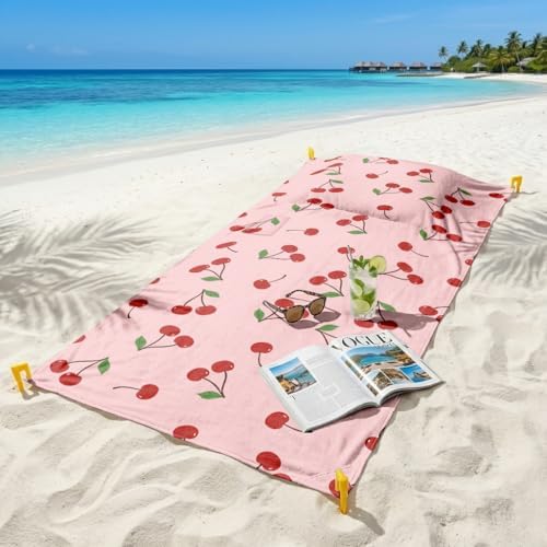 Cherry Beach Towel Blanket with Inflatable Pillow and Pocket, Sand Free Towel Oversized 35.4'' × 78.7'', Windproof Beach Mat with 4 Windproof Anchor & Carry Bag for Travel, Camping, Hiking (Cherry) by YunTu