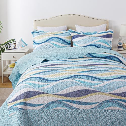 HoneiLife Queen Bedspreads Oversized - 106"x106" Coastal Quilt Sets, Beach Quilt 3-Piece, Nautical Bedspreads Ocean Coverlets, Lightweight Bed Cover, Summer Quilts by HoneiLife