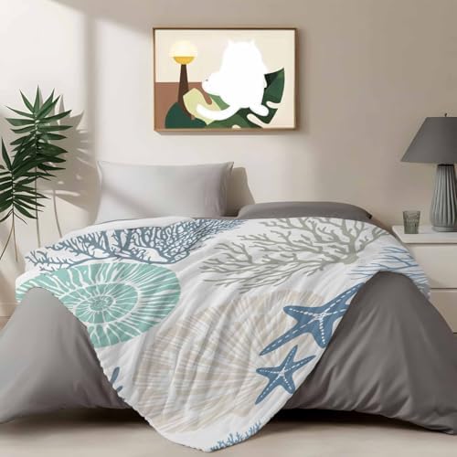 Blue Coastal Throw Blanket, Coral Beach Starfish Fluffy Soft Blankets for Couch Bed Travel, Ocean Conch Plush Microfiber Striped Flannel Blankets, Lightweight Sofa Blankets 40"x60" - Image 4