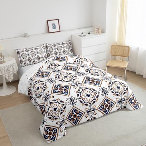 Erosebridal Mexican Talavera Tile Toddler Bedding Set,Mexico Style Tiles Comforter Set for Kids,Retro Vintage Floral Duvet Insert,Ethnic Geometric Bedroom Decor with 1 Pillowcase - Image 5