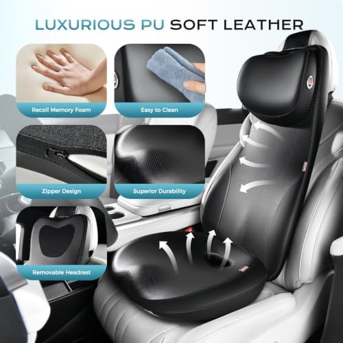 Coverado Car Seat Cushion and One Piece Lumbar Support Headrest Pillow, Adjustable Velcro Design Car Neck Pillow, Ergonomic Memory Foam Car Back Support Driving Seat Cushion for Back Pain Relief,Black - Image 3