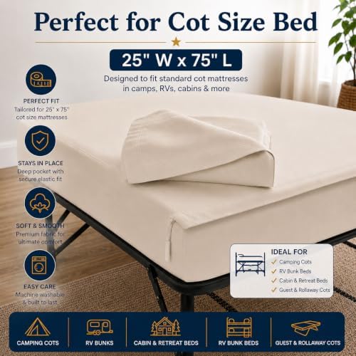 Zipper Cot Fitted Sheet Bundle, 25 x 75 Camping Cot Mattress Sheets, 400 Thread Count 100% Cotton, Includes 1 Wraparound Base, 2 Removable Zipper Top Sheets & 2 Pillowcases, 8 Inch Deep Pocket, Ivory - Image 2