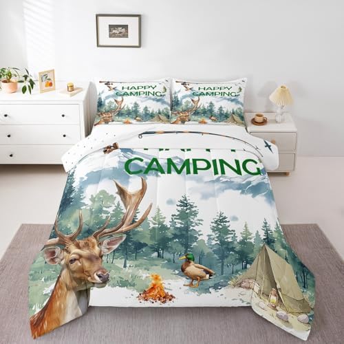 Erosebridal Happy Camping Full Comforter Set,RV Camper Bedding Set for Kids Boys Girls Bedroom Decor,Hunting Deer Fishing Bed Set Rustic Mallard Duck Bedding Comforter Sets,2 Pillowcases by Erosebridal
