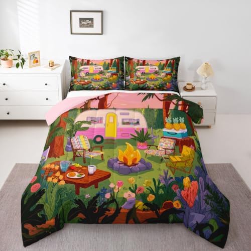 Erosebridal Woodland Camping King Comforter Set Rustic Camper Car Bedding Set Rv Bunk Comforter for Kids Boys Girls Campfire Sunset Quilt Duvet by Erosebridal