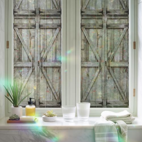 Farmhouse Retro Barn Door Window Privacy Film,Heat Control Sun Blocking Static Cling Rainbow Film,Vintage Wood Board Non-Adhesive Glass Sticker Door Window Tint,35.4" x 78.7" - Image 5