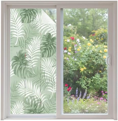 Window Privacy Film Frosted, Sage Green Palm Trees Tropical Non-Adhesive Static Cling Window Tint, Summer Beach Botanical Insulated Windows Frosted Films for Living Room, 35.4 x 78.7 Inches by Unknown