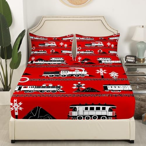 Erosebridal Boys Train Twin Bed Sheets Cartoon Car Toddler Bedding Set, Traffic Transportation Track Fitted Sheet for Kids Vintage Steam Engine Railway Decor Sheets Room 2Pcs, Red White Black - Image 3