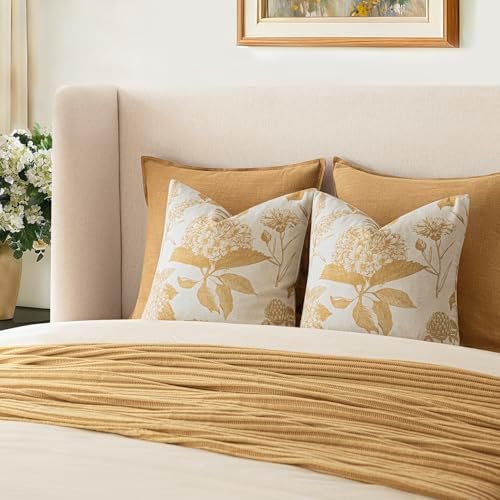 Foindtower Set of 2 Linen Floral Vintage Throw Pillow Covers Neutral Accent Print Decorative Cozy Cushion Covers Farmhouse Home Decor for Sofa Chair Couch Bed Living Room,24×24 Inch,Light Yellow - Image 7