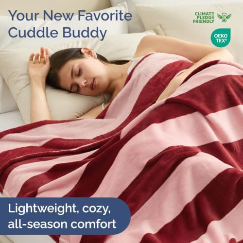 Burgundy Stripe Blanket Twin Size - Flannel Fleece Luxury Twin Blanket - Image 2
