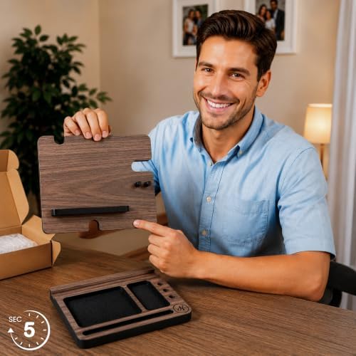 Namore Wood Phone Docking Station for Men – Nightstand & Desk Organizer with Valet Tray for Wallet, Watch & Keys – Bedside Organizer Gift for Husband or Dad - Image 2