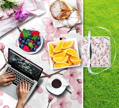 Mnsruu Picnic Blanket Waterproof Foldable, Floral Cherry Blossoms and Branches Pink Large Outdoor Picnic Blanket Beach Blankets Camping Blanket Travel Mat, Shoulder Strap Tote, Rectangle 57x59in - Image 2