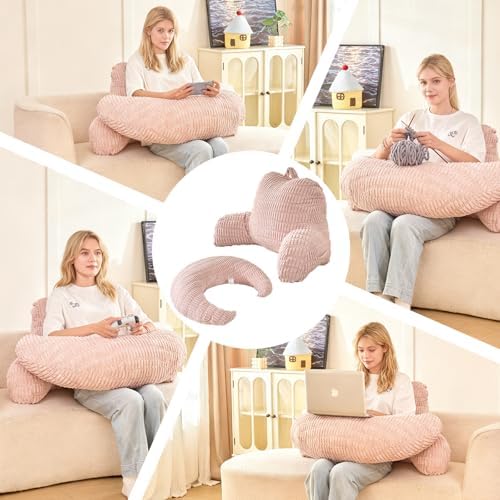 19" Reading Pillow for Bed,U Shaped Arm & Elbow Support,Pink Corduroy - Image 5