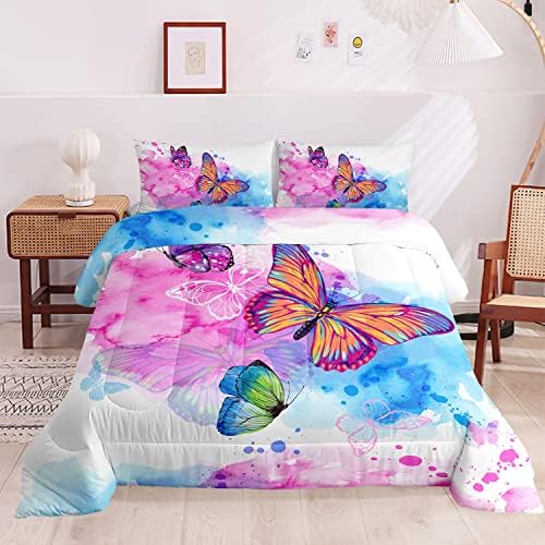 HOSIMA Butterfly Comforter Set,Pink Butterfly Comforter Full Size for Girls Kids Women Bedroom Decor,Color Ink and Colorful Butterfly Pattern Bedding Set Full Size,Butterfly Bed Set for Girls. - Image 3