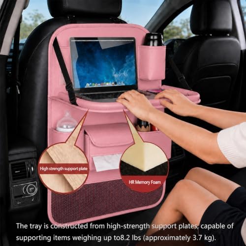 2 Pack Leather Car Backseat Organizer with Foldable Table Tray, Universal Car Seat Back Protector Kick Mat with Touchscreen Tablet Holder, Storage Pockets, Cup Holders & Tissue Holder, Pink - Image 4