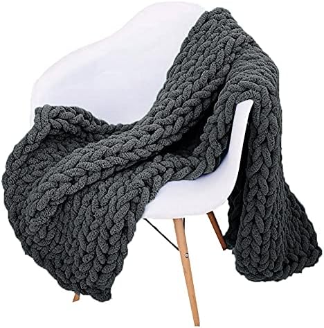 Chunky Knit Throw Blanket Chenille Yarn Soft Cozy Bulky Knitted Blanket for Sofa Bed Chair Large Hand Made Boho Home Decor Slate Grey 32x40 by Unknown