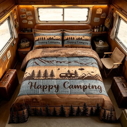 Happy Camping Comforter Set Full Camper Quilt Bedding For Kids Adults,Rv Accessories Comforter For Travel Trailers Rustic Farmhouse Wooden Board Duvet Set Mountain Pine Trees Decor,2 Pillow Cases - Image 3