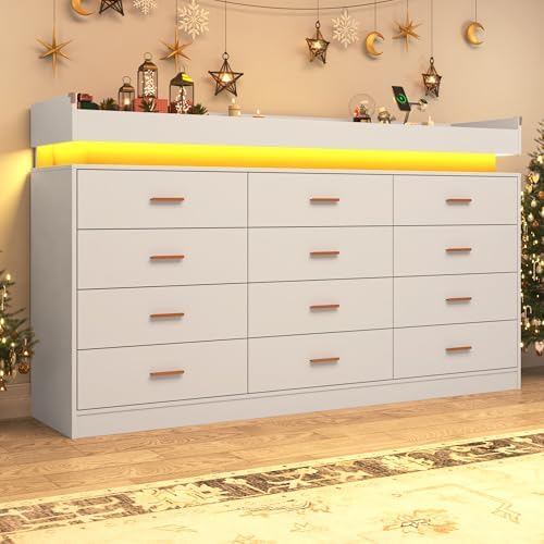 jiteentarou 12 Drawer Dresser with Charging Station and LED Lights, Modern Chest of Drawers with Power Outlet, Organizer Cabinet for Bedroom, Living Room, Entryway, White - Image 5