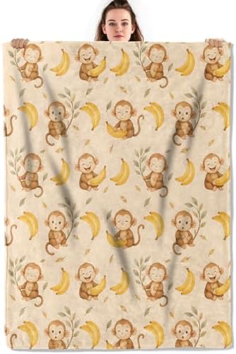 Cute Monkey and Banana Throw Blanket, Lightweight Warm Adorable Cartoon Animal Flannel Blanket, Home Decor and Gifts, Soft Cozy Blankets for Women Kids Boys Girls, 50"x60" for Bed Couch Travel by Unknown