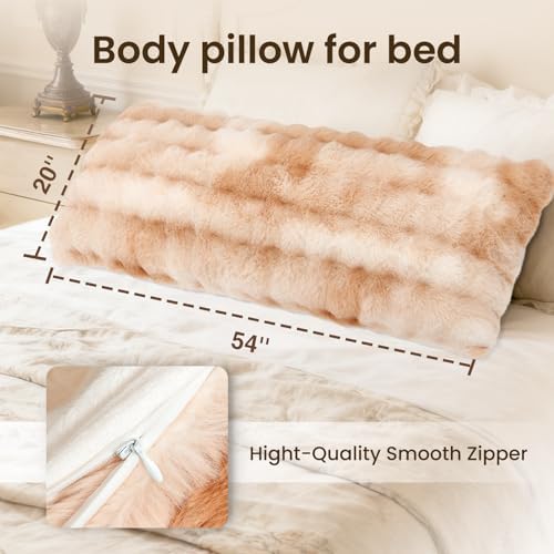 ZonLi Fluffy Body Pillow for Adults, Fuzzy Faux Fur Long Pillow with Shredded Memory Foam, Adjustable Support for Side Sleepers, Gifts, 20 x 54 Inch, Light Tan - Image 2