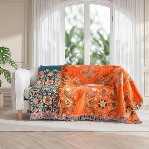 LUTBM Boho Throw Blanket for Bed 60"x80", 100% Cotton Orange Couch Blankets - Image 5