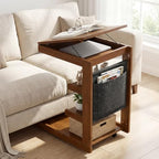 GIANTEX C-Shaped End Table with Wheels, Wooden Rolling Side Table w/Adjustable Desktop, Edge Stopper, Side Pocket & 3 Storage Shelves, Sofa Couch Bedside TV Tray for Living Room Bedroom (Brown,1) - Image 2