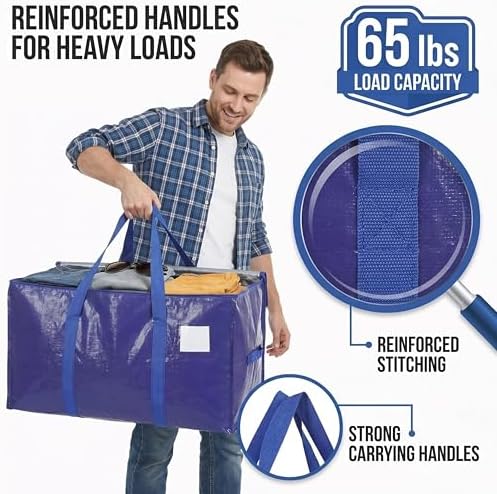 YAN & HIN 12 Pack Heavy Duty Moving Bags with Handles, Extra Large Moving Totes for Clothes, Blankets & Dorm, Strong Zippers, Reinforced Carrying Handles, Foldable Storage Bags for Moving & Travel - Image 3