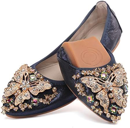 VYKF Womens Ballet Flats Foldable Rhinestone Pointed Toe Wedding Shoes Comfortable Slip on Flat Shoe by VYKF