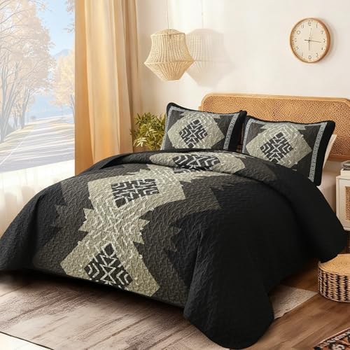 Dintszyayue Aztec Quilt Set Queen, Black Brown Boho Lightweight Bedspread - Image 2