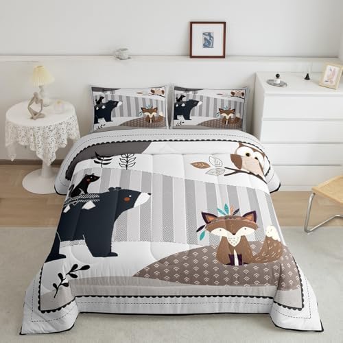 Castle Fairy Cute Animal Bedding Set Full Size,Bear Owl Fox & Plant Comforters for Girls & Teens,Indian Style Down Comforter with 2 Pillowcases - Image 3
