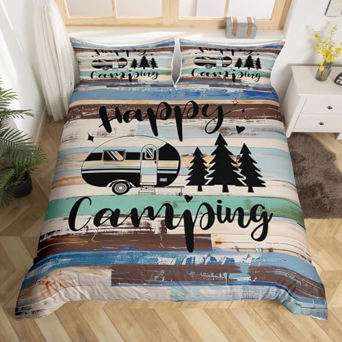 Travelling Trailer Car Duvet Cover Queen Size Brown White Vintage Barn Door Comforter Cover with 2 Pillowcases for Teens Adults RV Camper Bedding Set 3 Pcs Decorative Bed Cover(Not Comforter) - Image 2