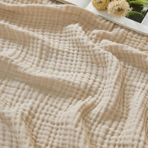 EMME Muslin Cotton Blanket Adults Heather Beige Super King 120"x94" by EMME